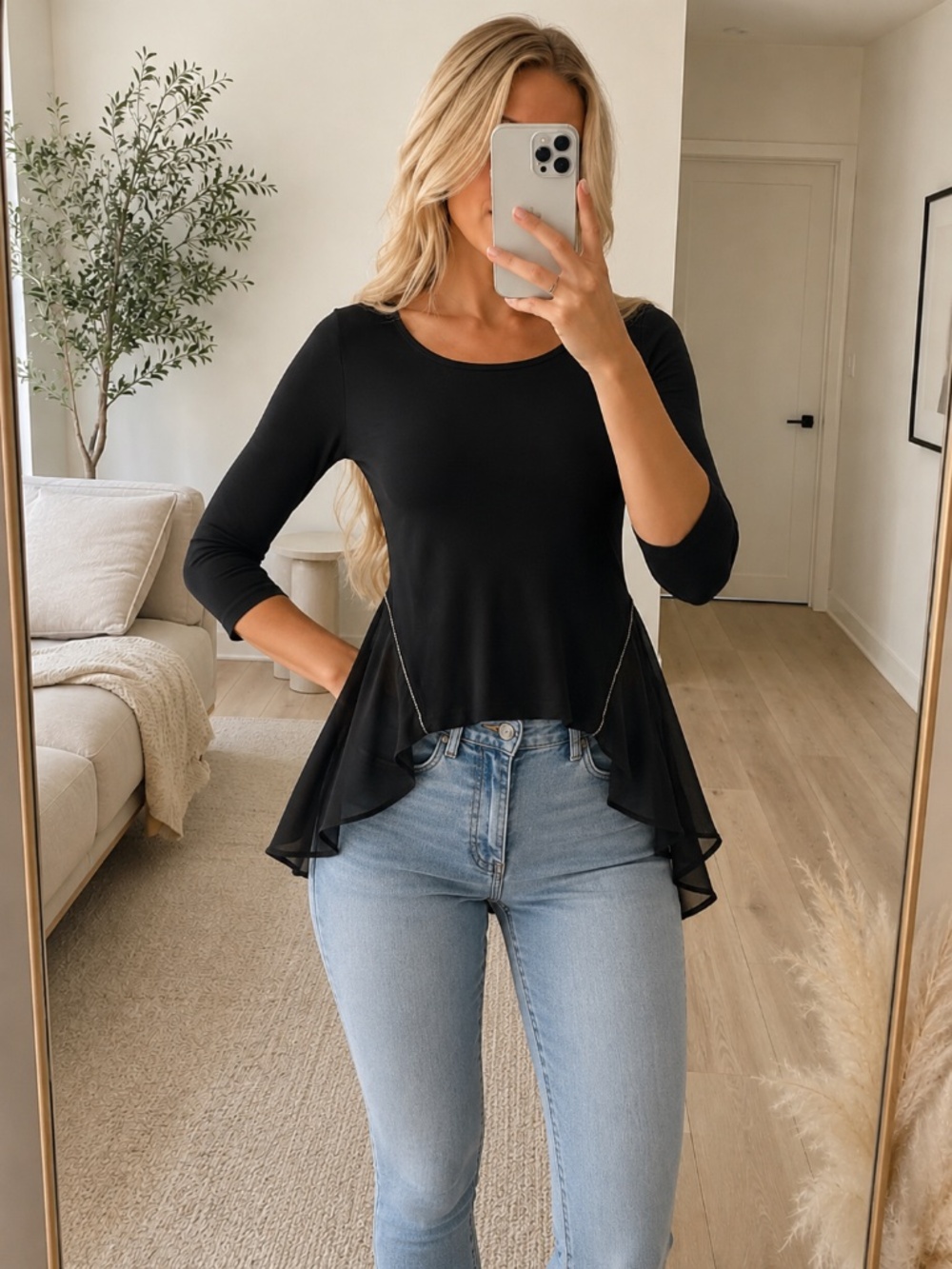 Kim & Cami Black Mesh Peplum Zip Detail Top Small